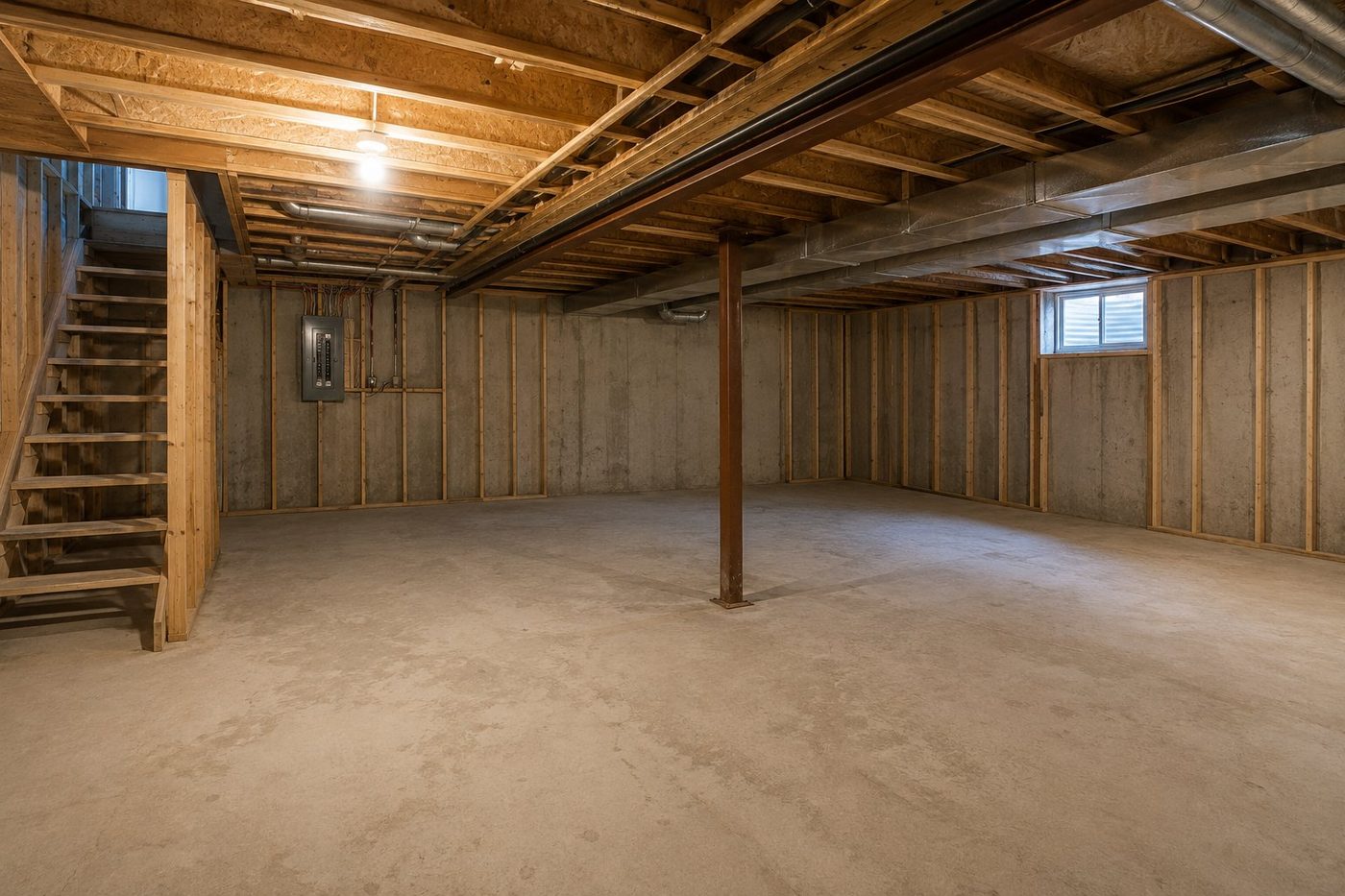 Unfinished basement rough-in with concrete floor, exposed studs and joists