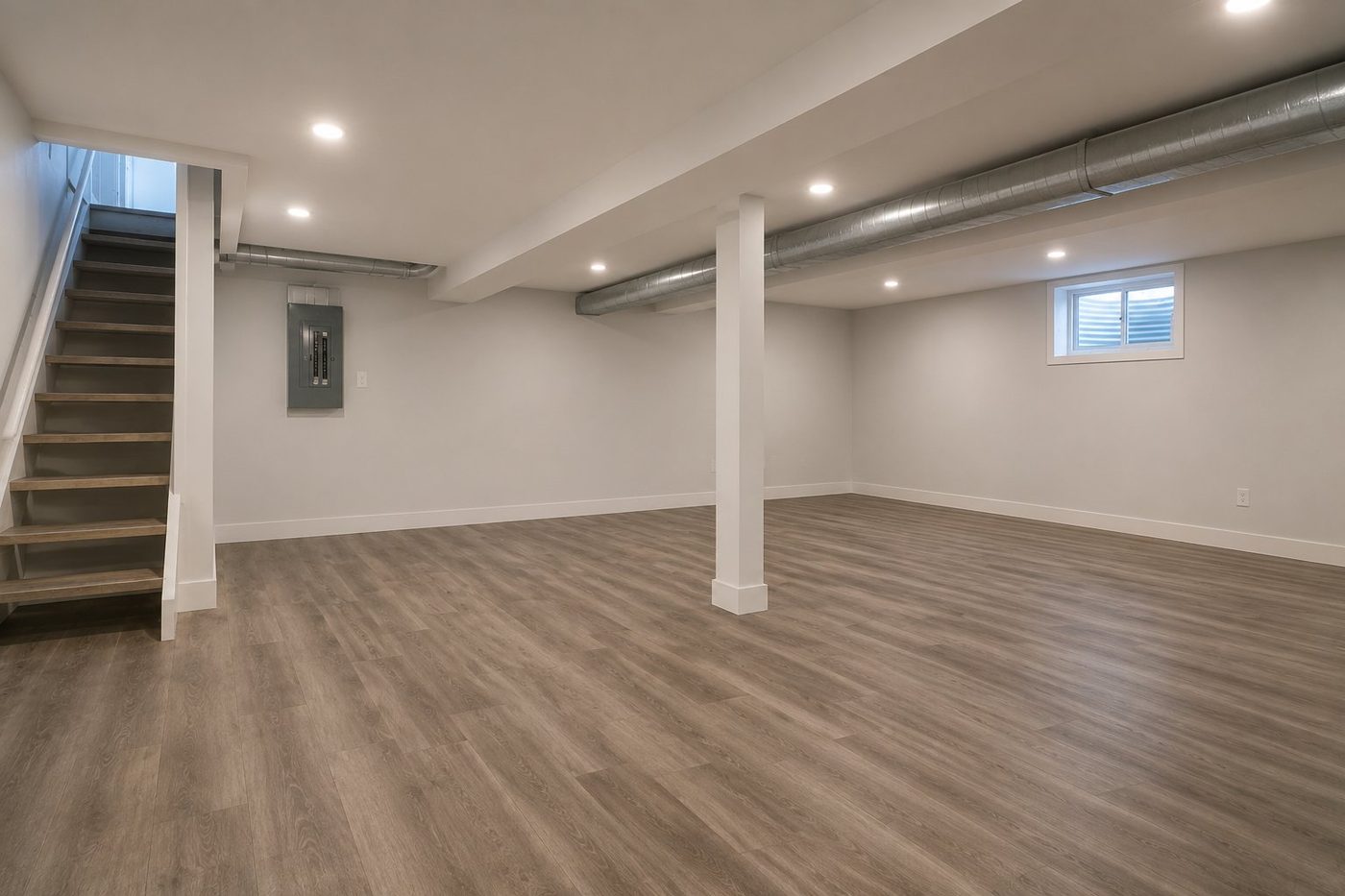 Basic finished basement rec room with vinyl flooring and exposed duct