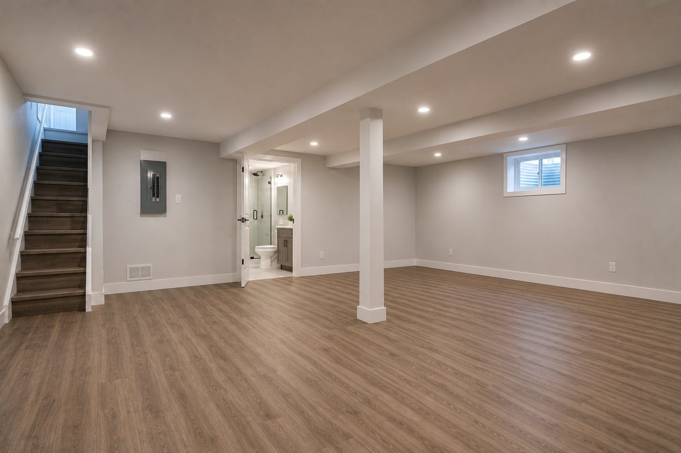 Standard finished basement with a three-piece bathroom
