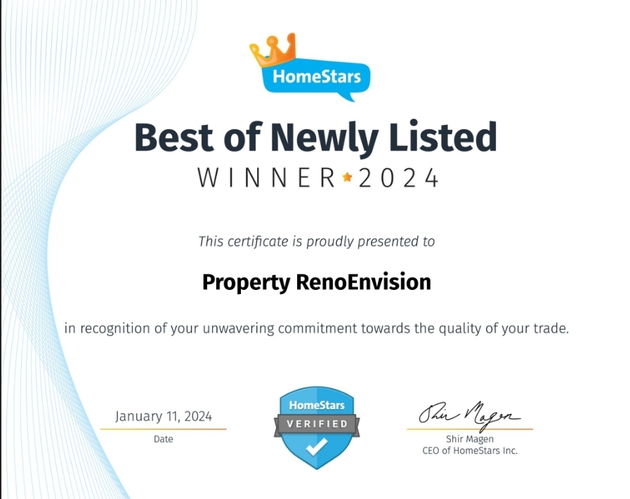 HomeStars Best of Newly Listed 2024 Winner certificate awarded to Property RenoEnvision