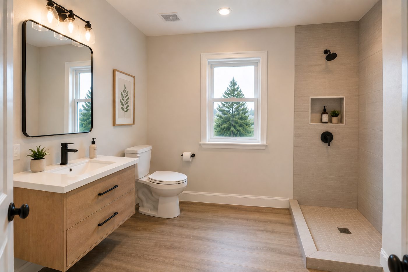 Refreshed bathroom with tub converted to a walk-in shower