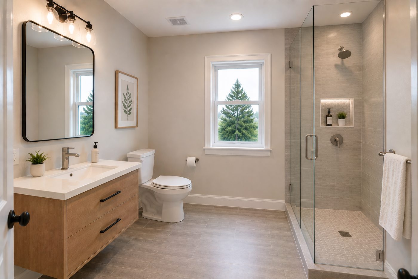 Standard full bathroom renovation with tiled shower