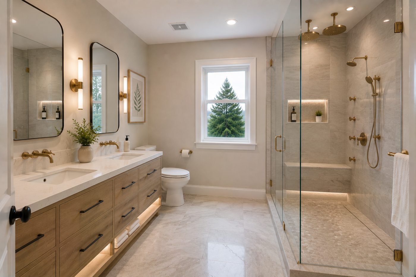 High-end bathroom with double vanity and dual shower heads