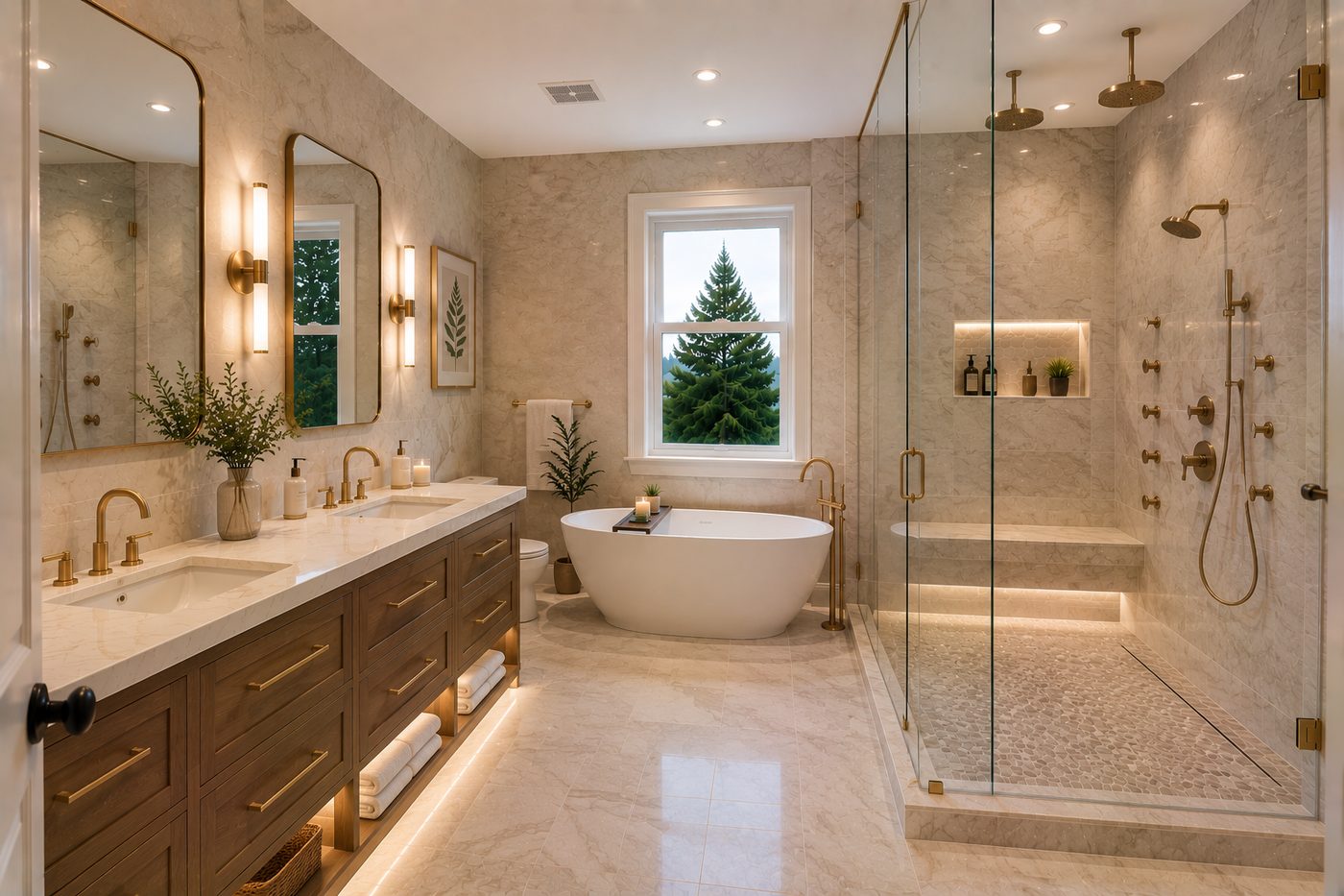 Fully custom bathroom with freestanding tub and separate double shower